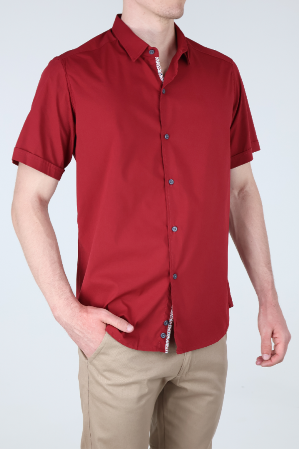 Camisa Básica Roja Slim Fit Hombre Manga Corta Lisa Casual